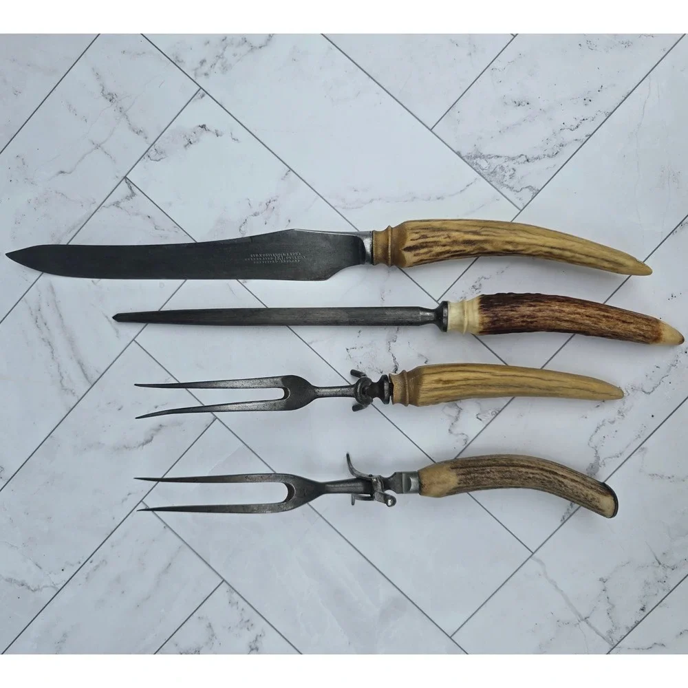 Antique Geo Wostenholm & Sons IXL Sheffield Stag Horn Handle 4pc Carving Set